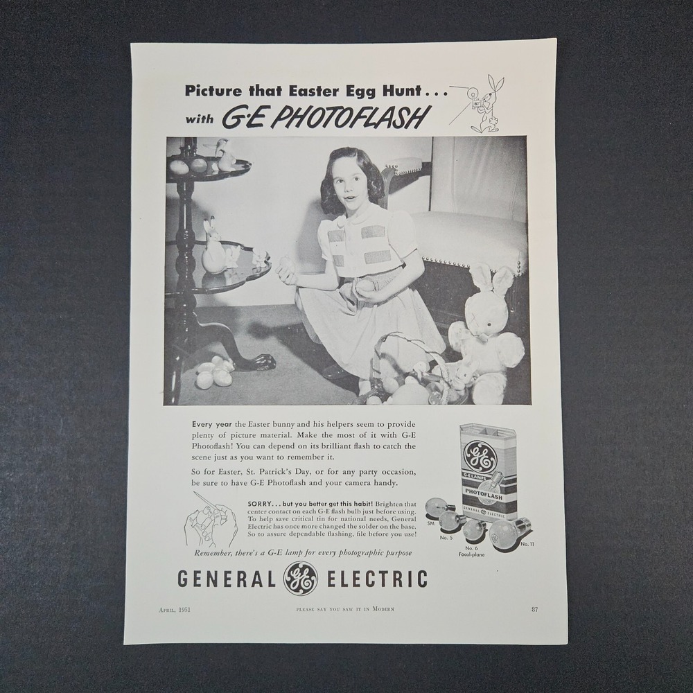 1951 GE General Electric Photoflash Vintage‎ Print Ad Girl Easter Egg Hunt Bunny